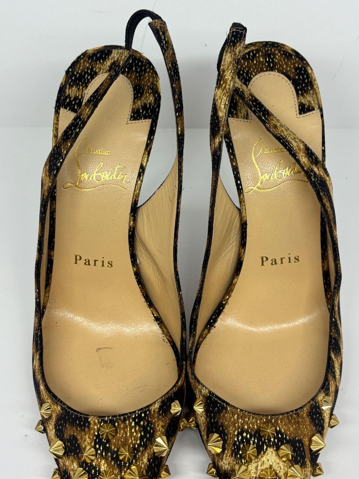 Louboutin drama sling 100 in silk leopard with studded cap toe details. Very beautiful shoes to elevate any look. Lightly worn, but there are some pulls on the silk detail, like on the back of the insole area and slight scraping above the heel tips.