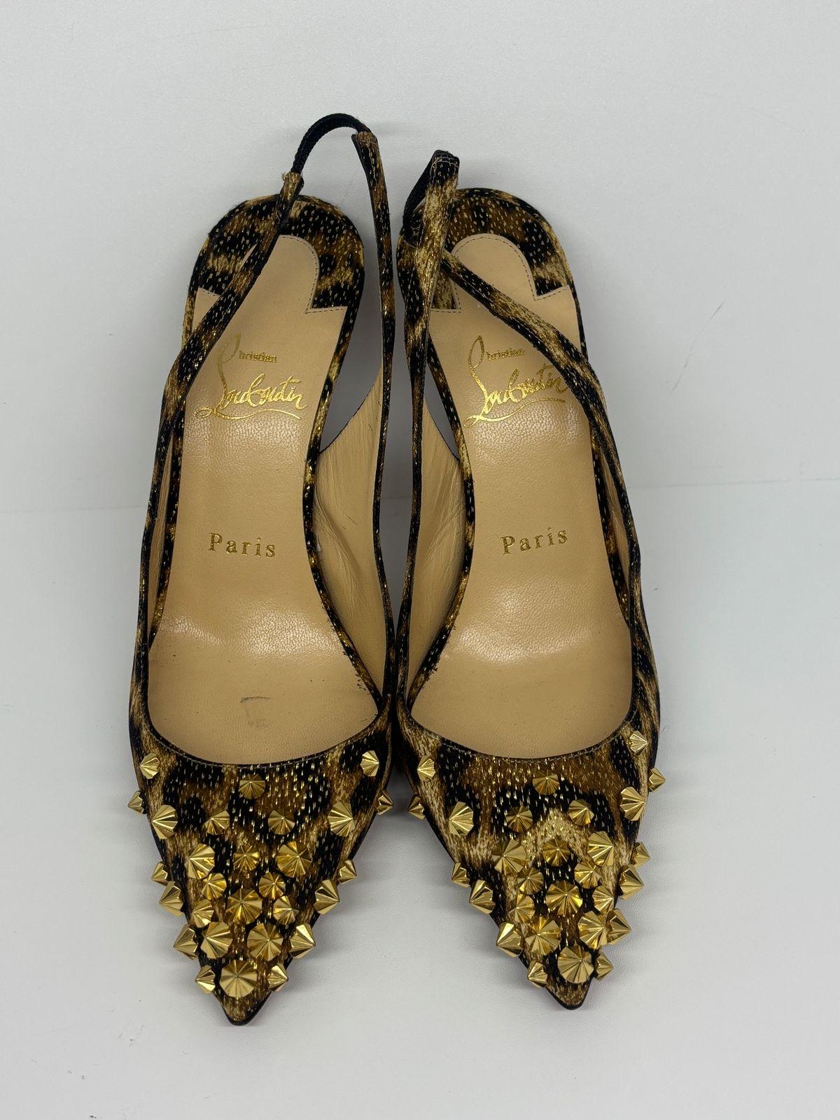 Black Christian Louboutin Leopard Printed Silk Drama Sling 100 Studded Pumps For Sale