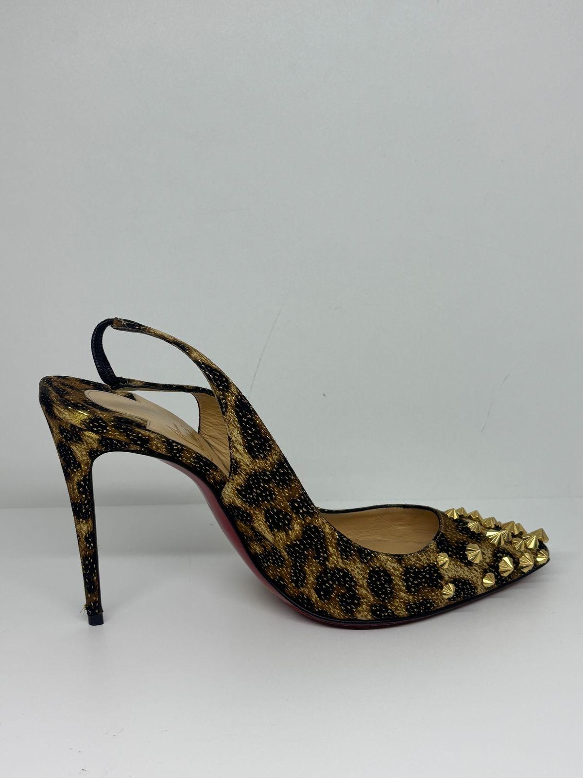 Christian Louboutin Leopard Printed Silk Drama Sling 100 Studded Pumps For Sale 1