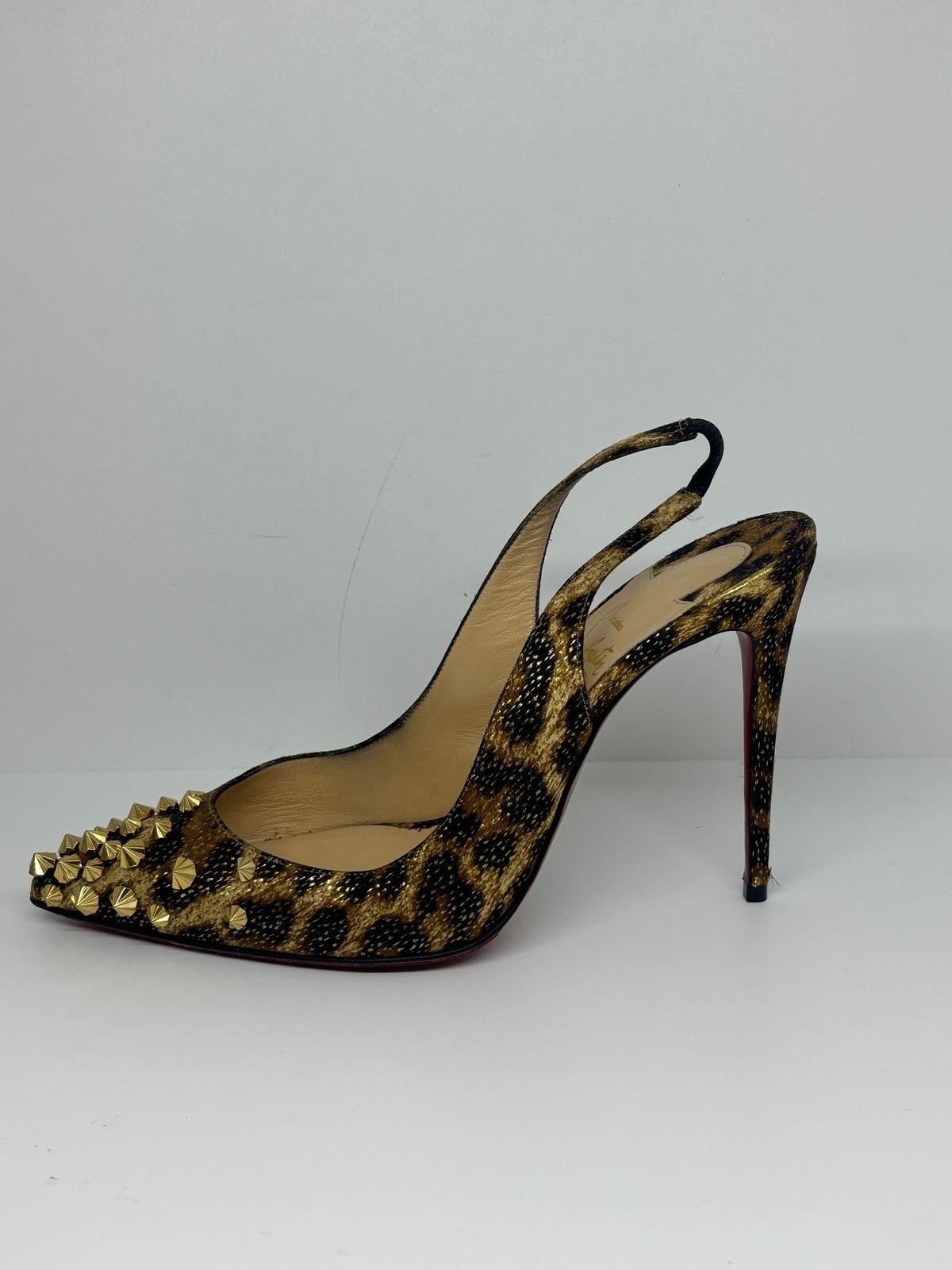 Christian Louboutin Leopard Printed Silk Drama Sling 100 Studded Pumps For Sale 3