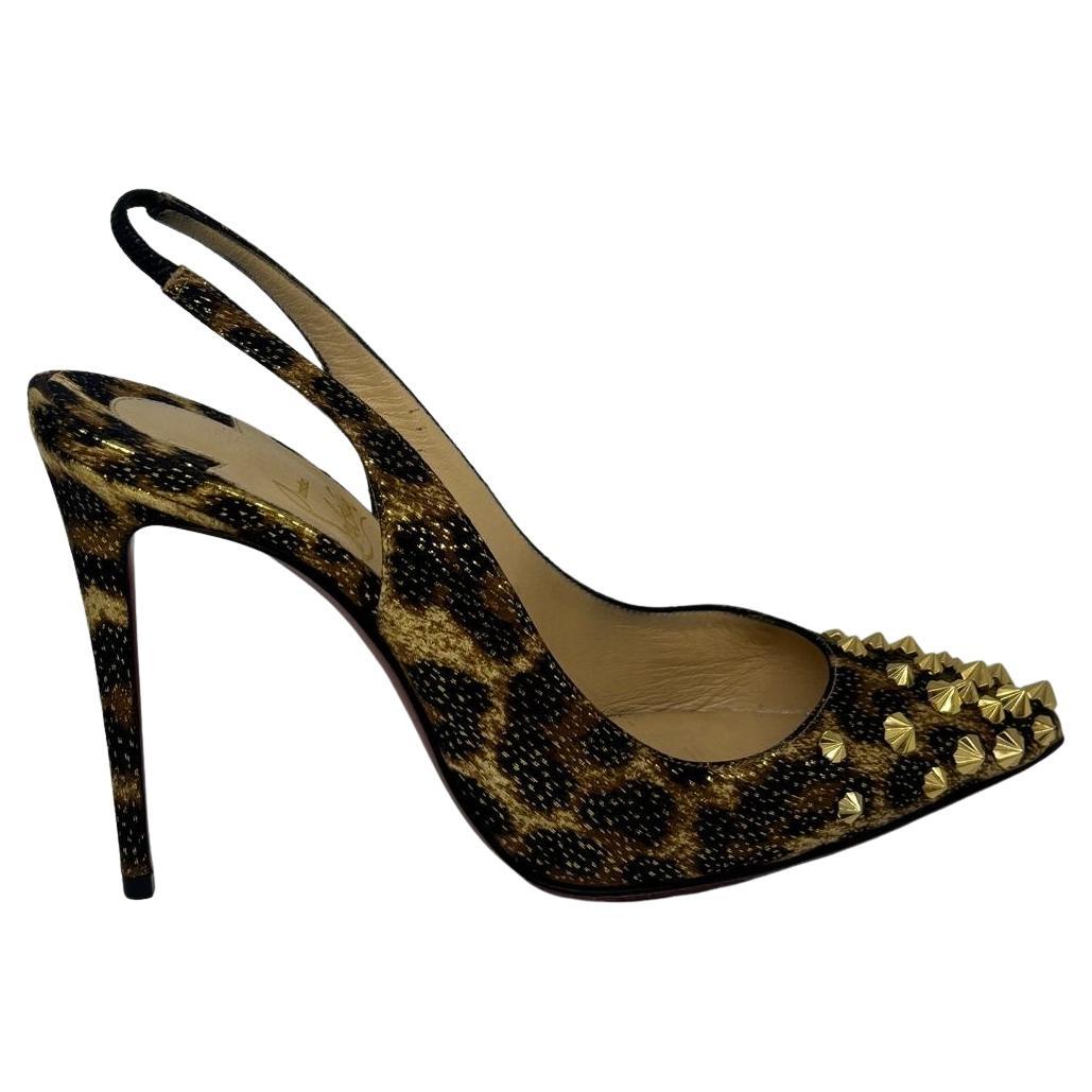 Christian Louboutin Leopard Printed Silk Drama Sling 100 Studded Pumps For Sale