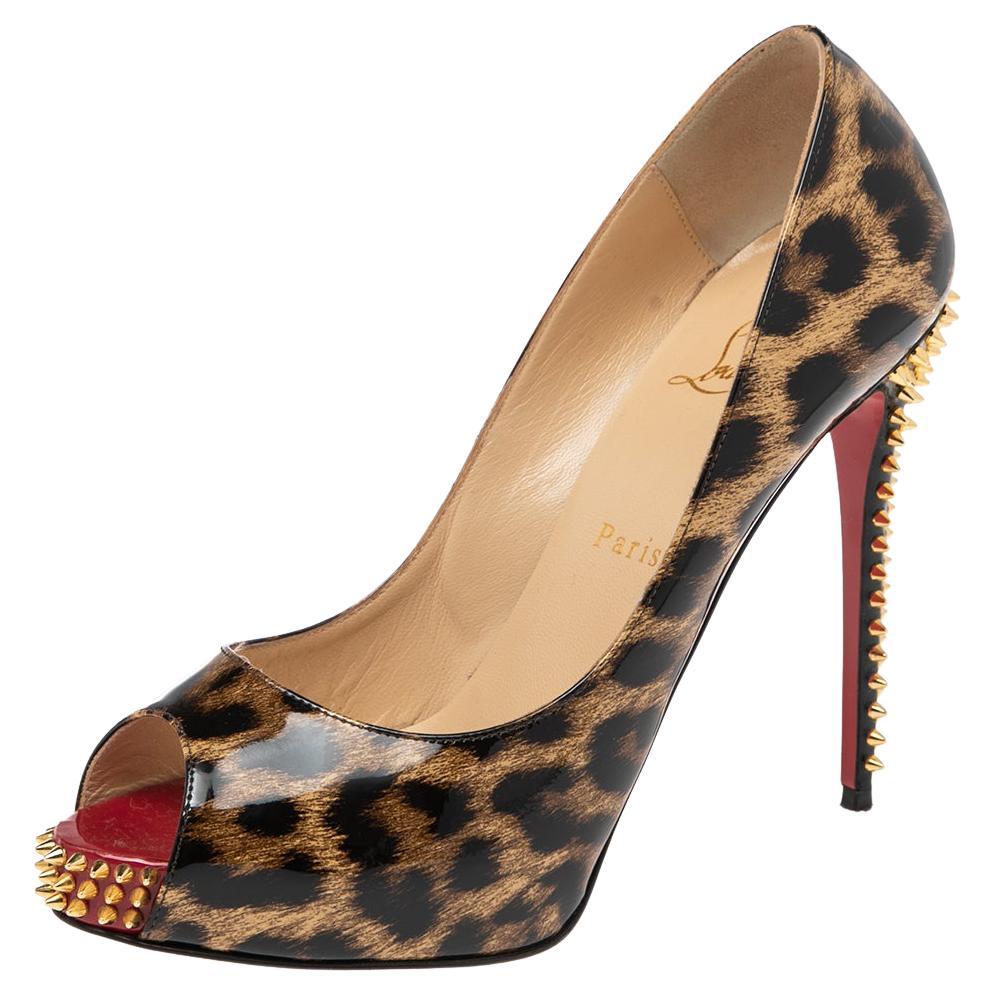 black studded leopard high heel red bottom pumps, black spiked