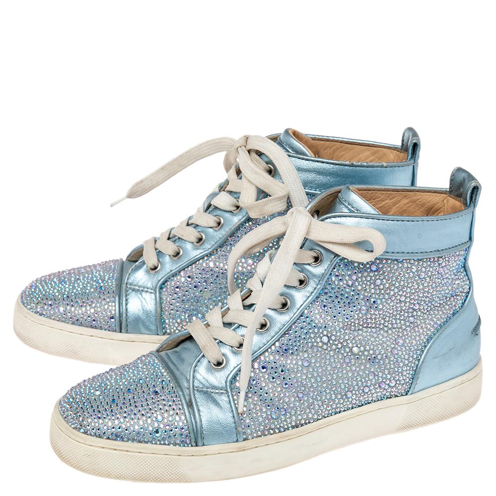 Christian Louboutin Light Blue Crystals Louis Orlato High Top Sneakers Size 38 In Good Condition For Sale In Dubai, Al Qouz 2