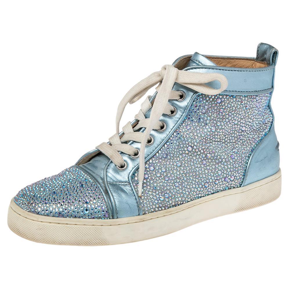 Christian Louboutin Light Blue Crystals Louis Orlato High Top Sneakers Size 38 For Sale