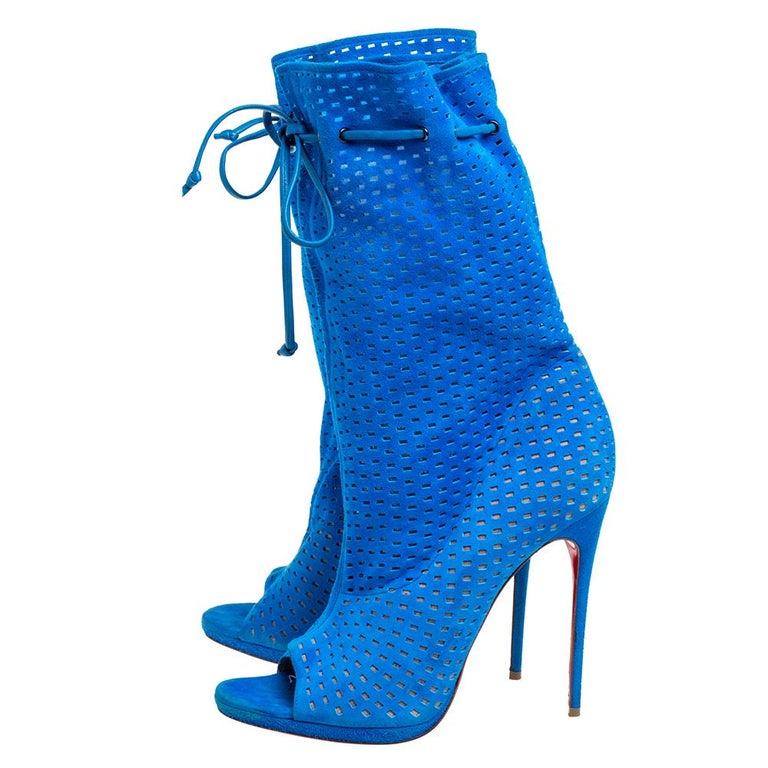 Christian Louboutin Light Blue Perforated Suede Jennifer Wrap Boots Size 41  For Sale at 1stDibs