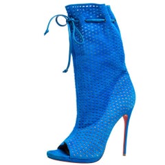 Christian Louboutin Light Blue Perforated Suede Jennifer Wrap Boots Size 41