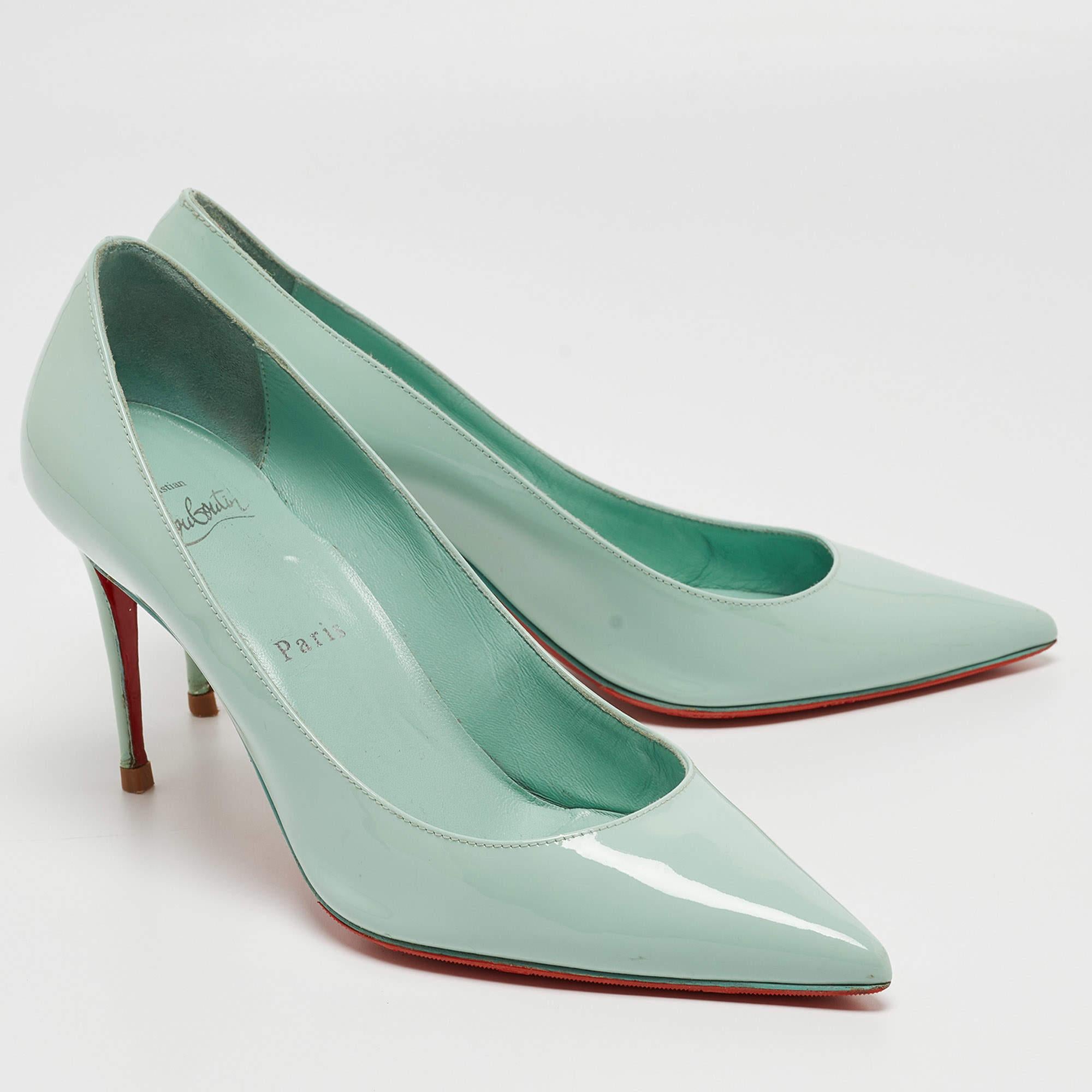 Women's Christian Louboutin Light Green Patent Leather Pigalle Pointed Toe Pumps Size 38
