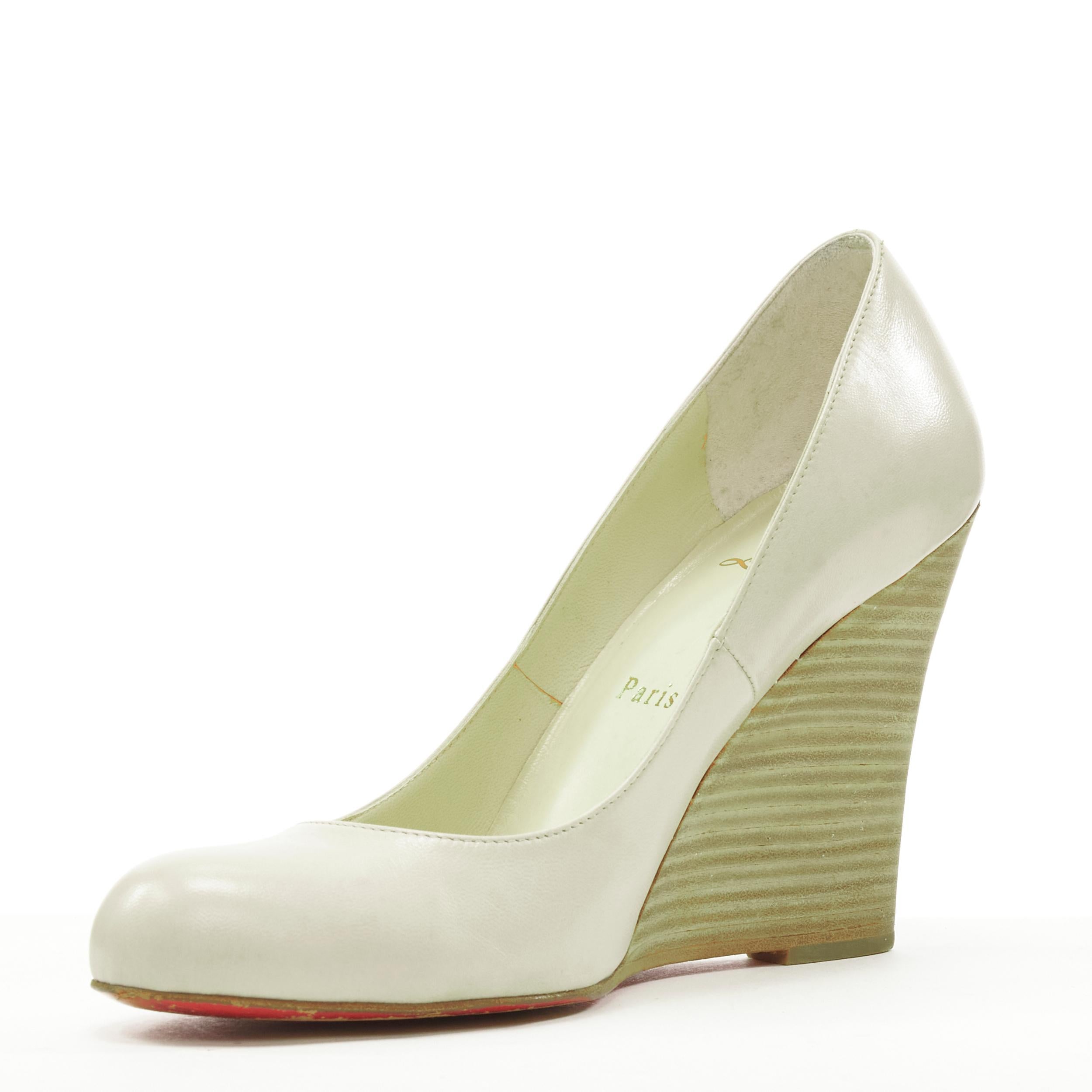 Beige CHRISTIAN LOUBOUTIN light grey leather stacked wooden wedge heel EU37.5