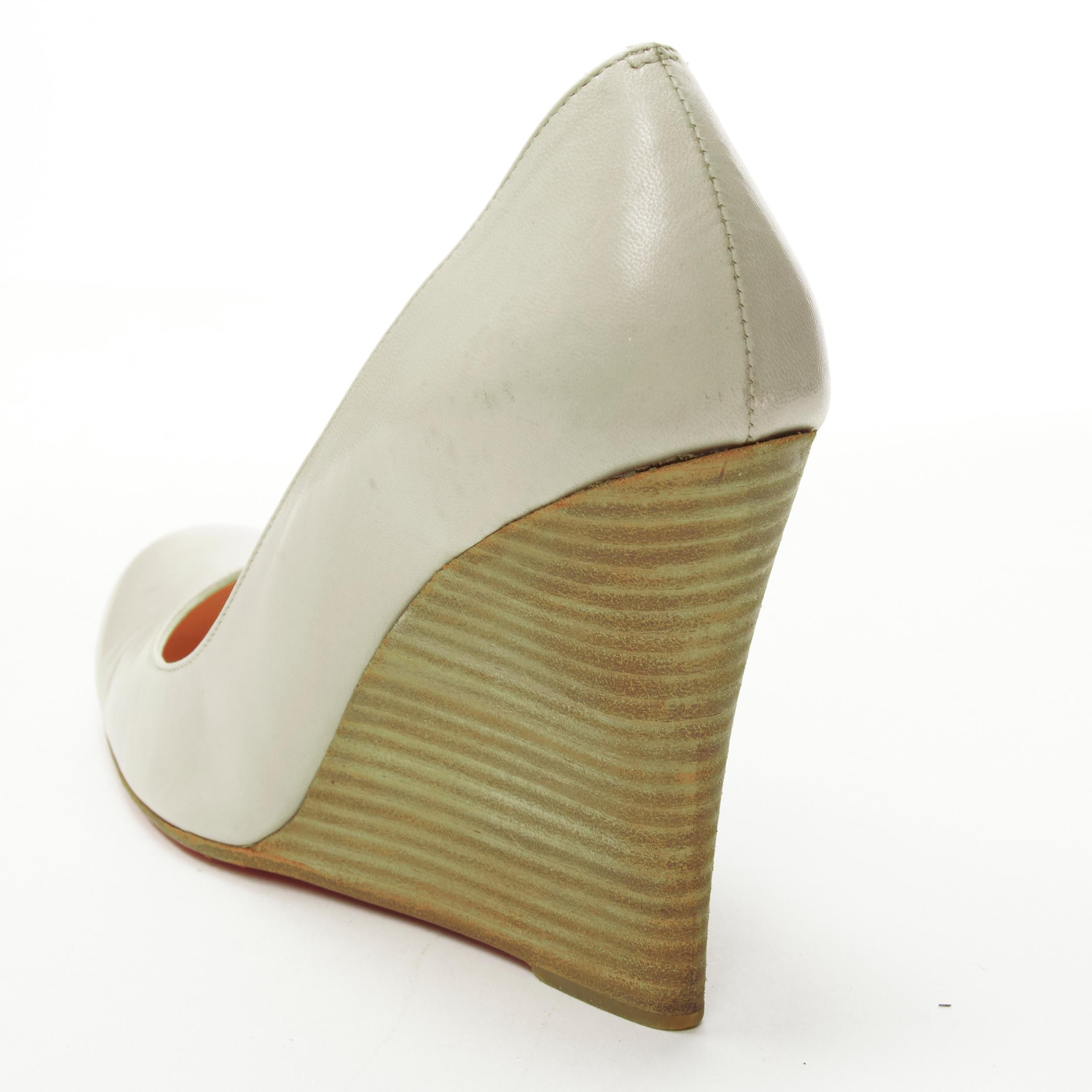 CHRISTIAN LOUBOUTIN light grey leather stacked wooden wedge heel EU37.5 3