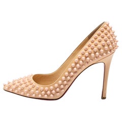 Used Christian Louboutin Light Peach Patent Leather Pigalle Spikes Pumps Size 36.5