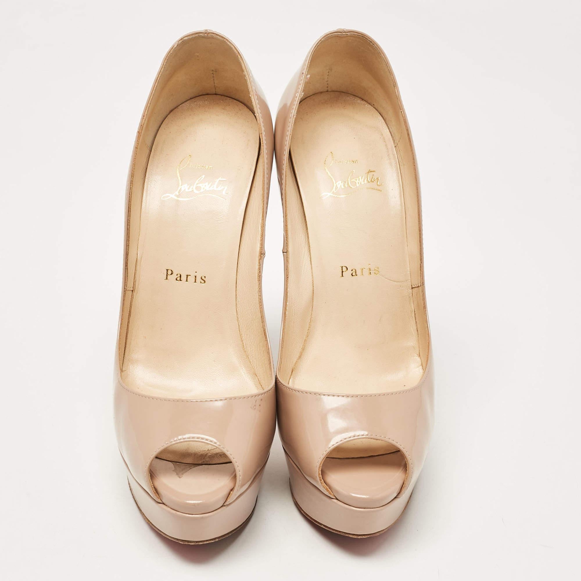 Beige Christian Louboutin Light Pink Patent Leather Lady Peep Pumps Size 38