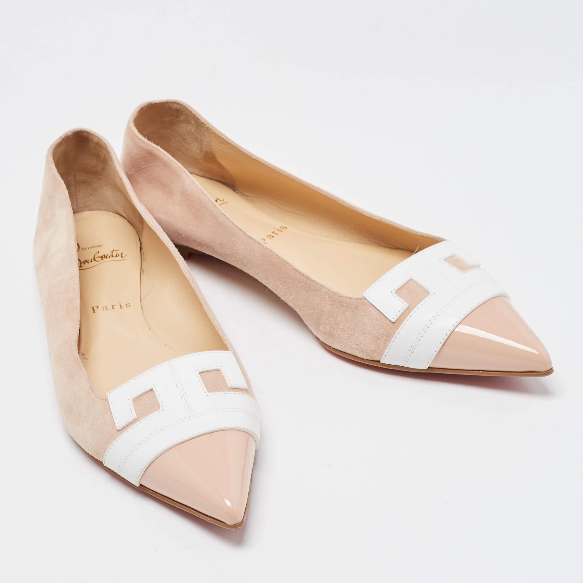 Women's Christian Louboutin Light Pink/White Suede and Leather Pointed Toe Ballet Flats 
