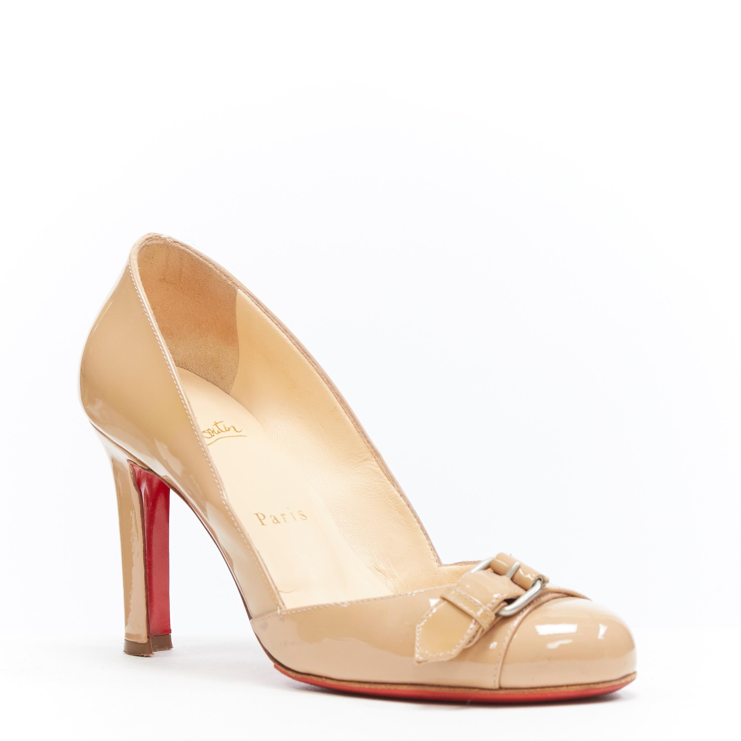 CHRISTIAN LOUBOUTIN Lilibelt 100 nude patent buckle detail almond toe pump EU36
Brand: Christian Louboutin
Designer: Christian Louboutin
Model Name / Style: Lilibelt 100
Material: Patent leather
Color: Beige
Pattern: Solid
Lining material: