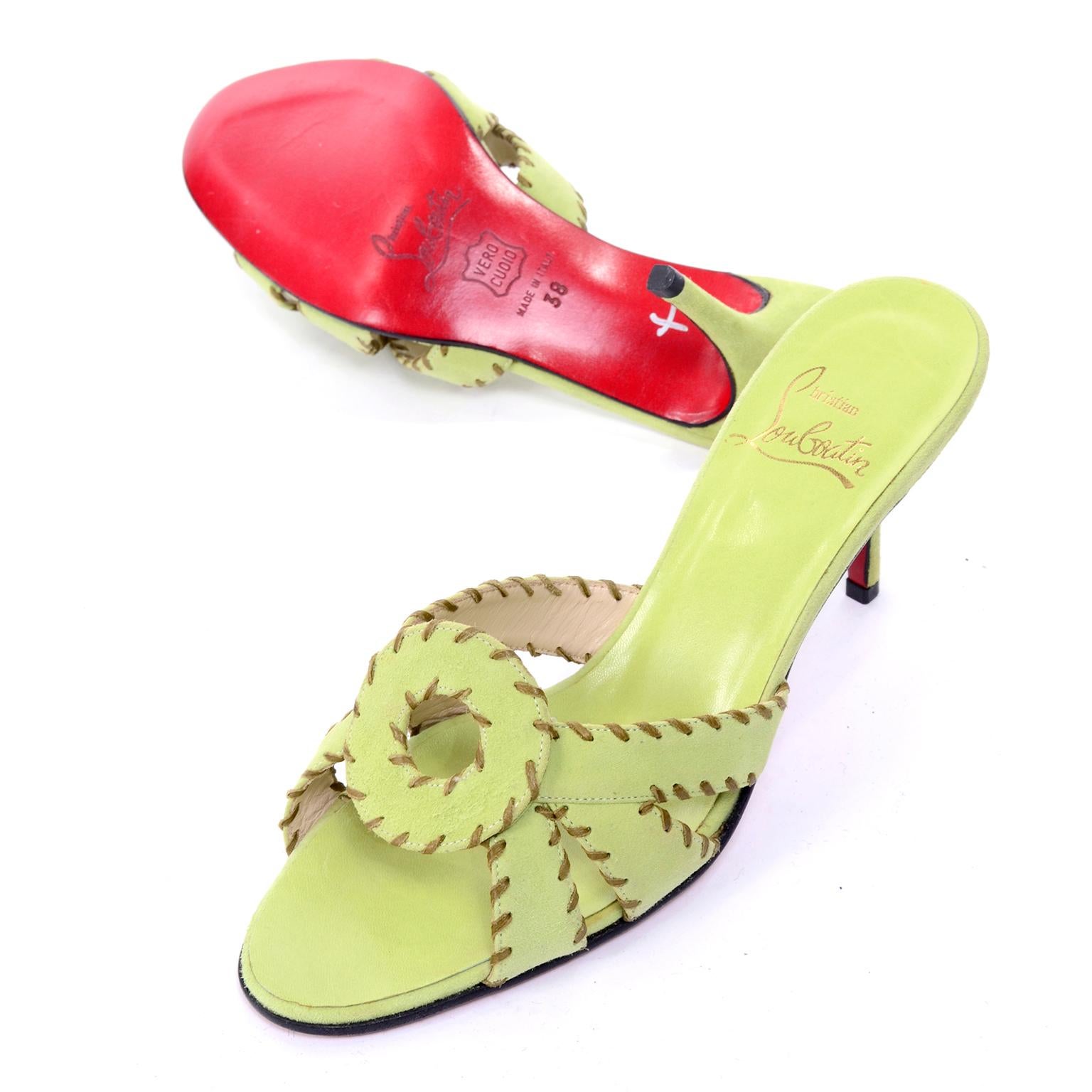 Women's Christian Louboutin Lime Green Open Toe Sandal Shoes w/ Heels in Size 38