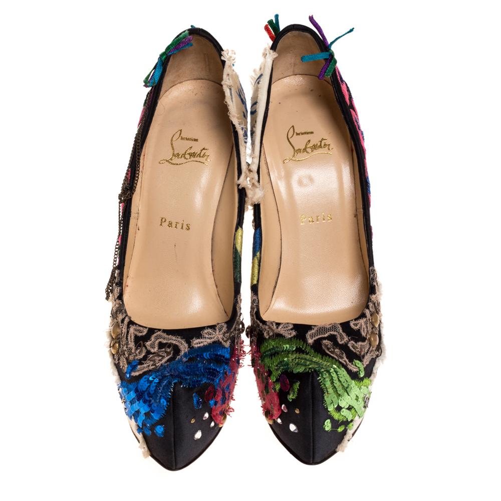 Take your love for Louboutins to new heights by adding this limited edition pair to your collection. The pumps simply speak high fashion in every stitch and accent. The exteriors come in a mix of fabric, lace, and beautified with sequins, studs, and