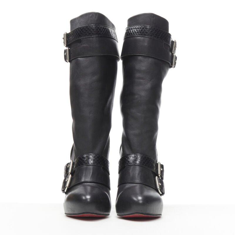 Black CHRISTIAN LOUBOUTIN Loubi Bike black scaled leather buckle platform boot EU37 For Sale