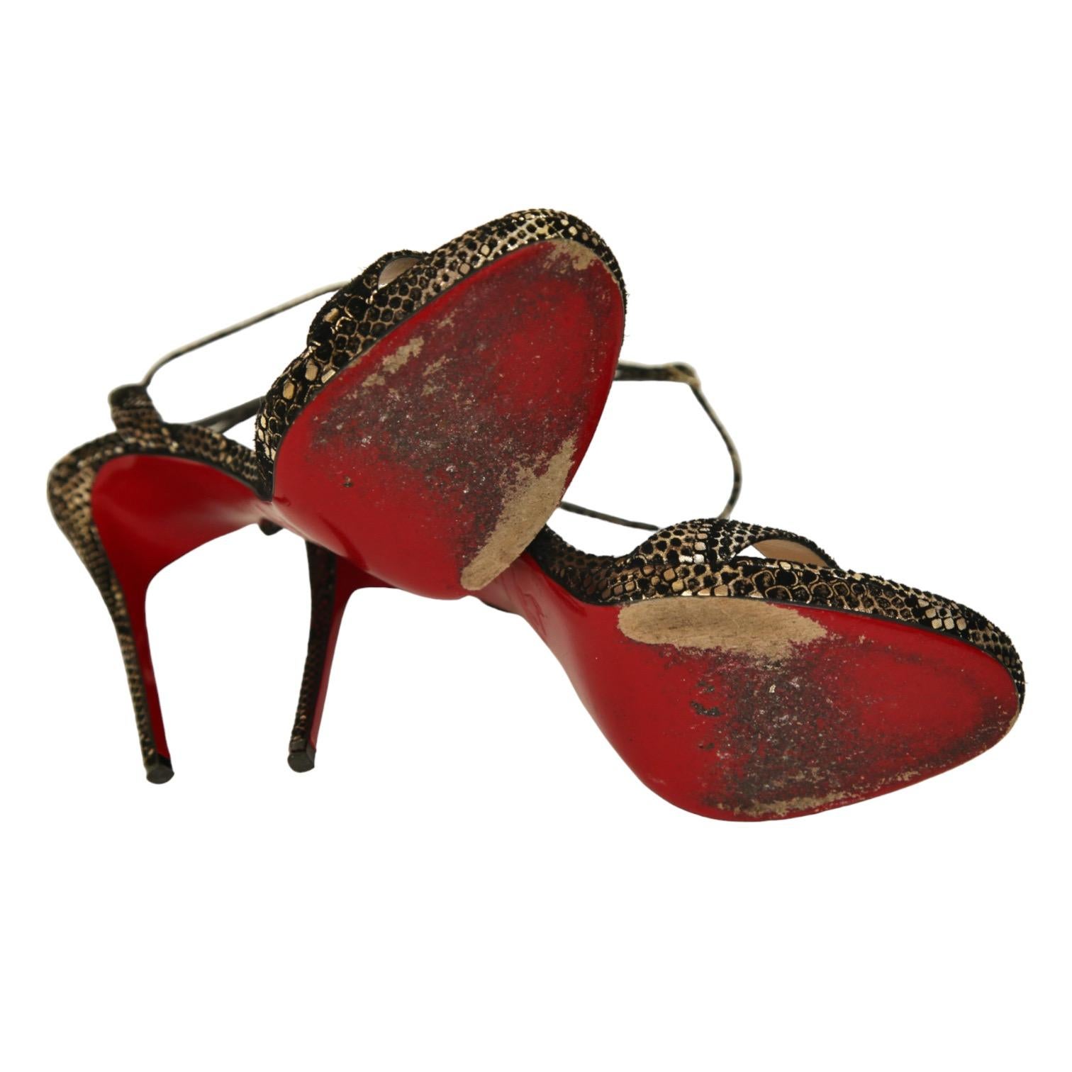 CHRISTIAN LOUBOUTIN Loubi Queen Sandals 120mm Metallic Print Heel Red Leather 39 4