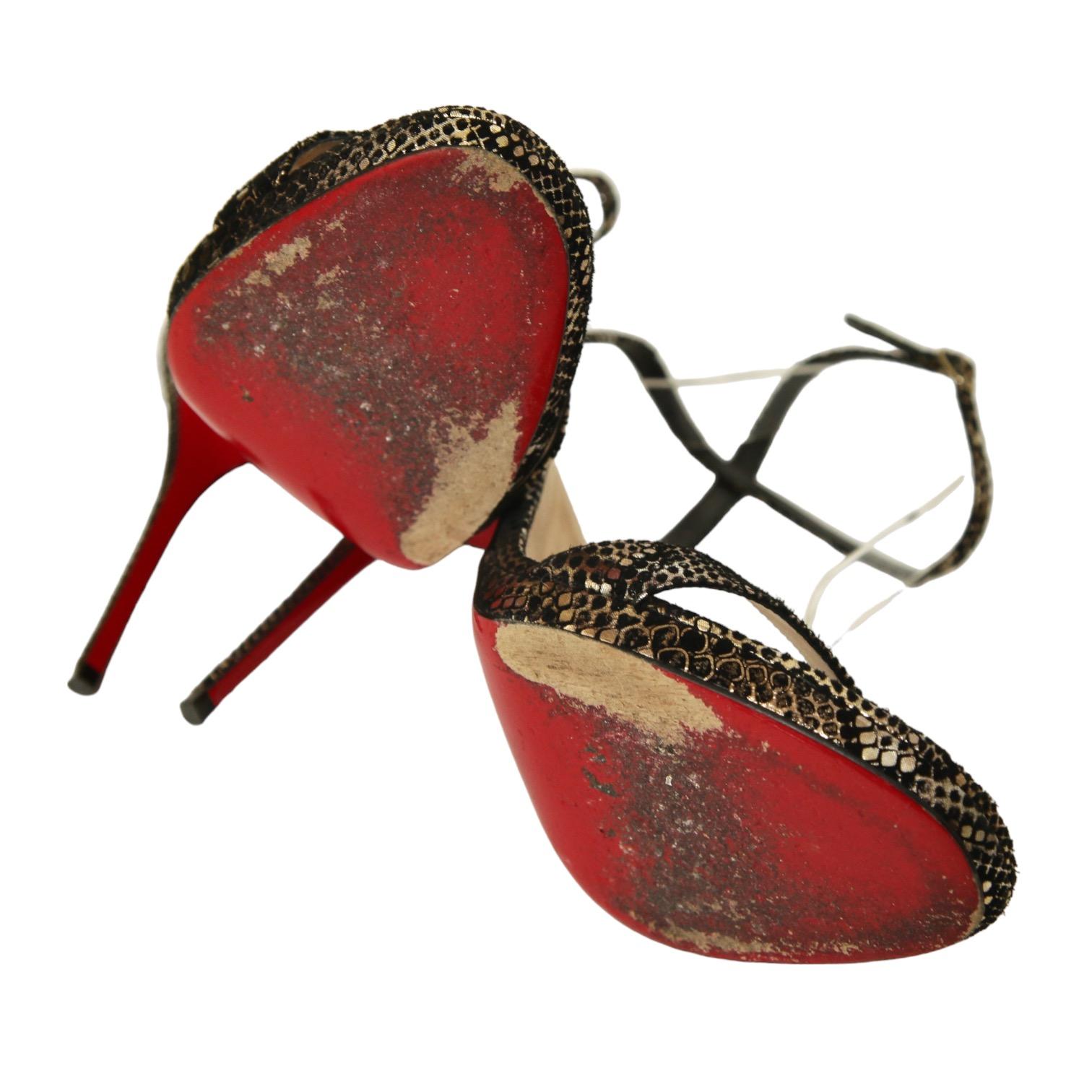 CHRISTIAN LOUBOUTIN Loubi Queen Sandals 120mm Metallic Print Heel Red Leather 39 5