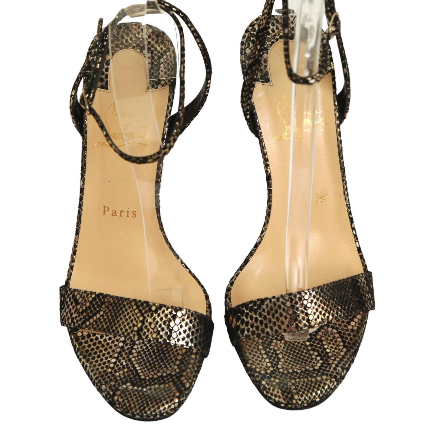 CHRISTIAN LOUBOUTIN Loubi Queen Sandals 120mm Metallic Print Heel Red Leather 39 In Excellent Condition In Hollywood, FL