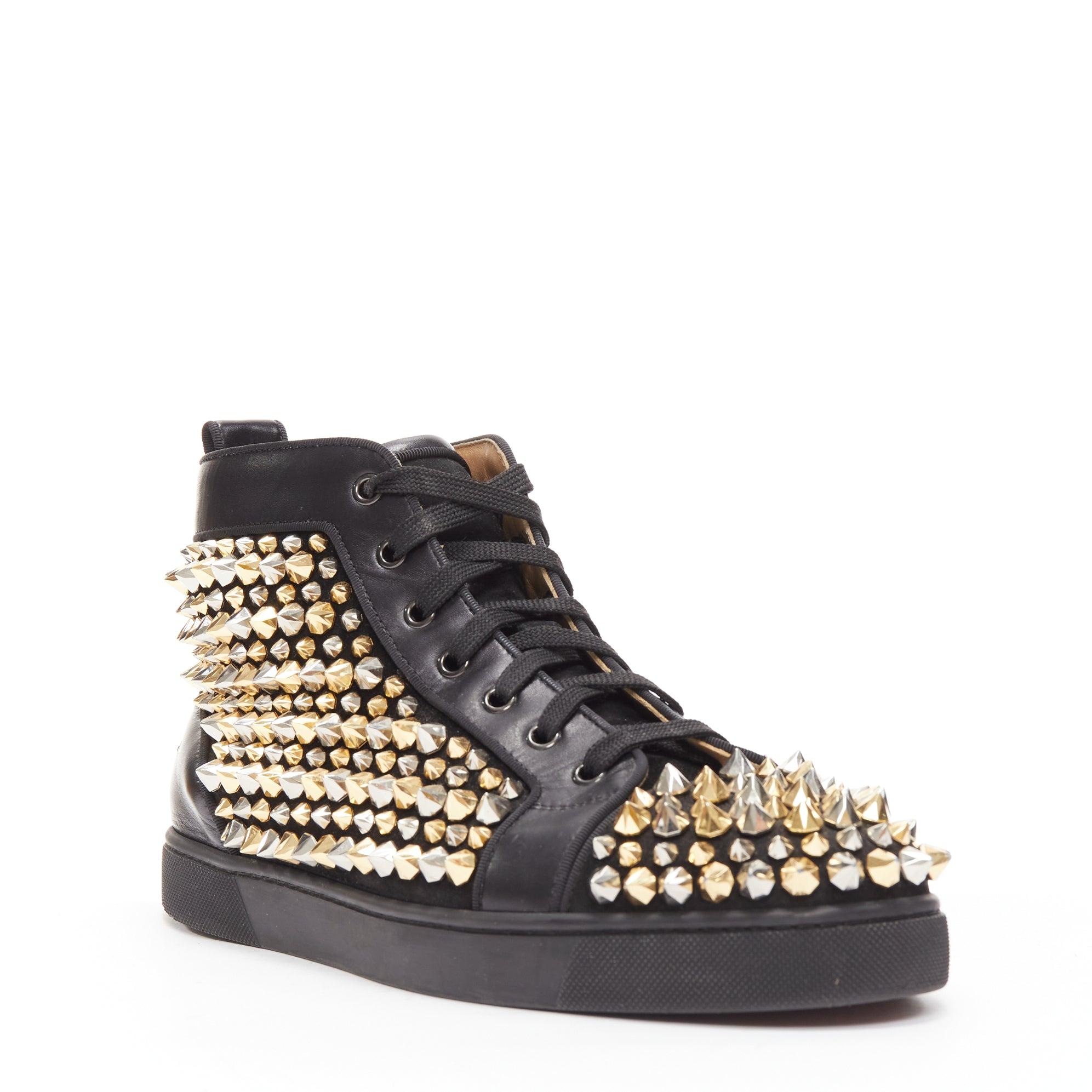 CHRISTIAN LOUBOUTIN Louis black gold silver spike stud high top sneaker EU43
Reference: TGAS/D00991
Brand: Christian Louboutin
Model: Louis
Material: Leather, Metal
Color: Black, Gold
Pattern: Solid
Closure: Lace Up
Lining: Brown Leather
Extra