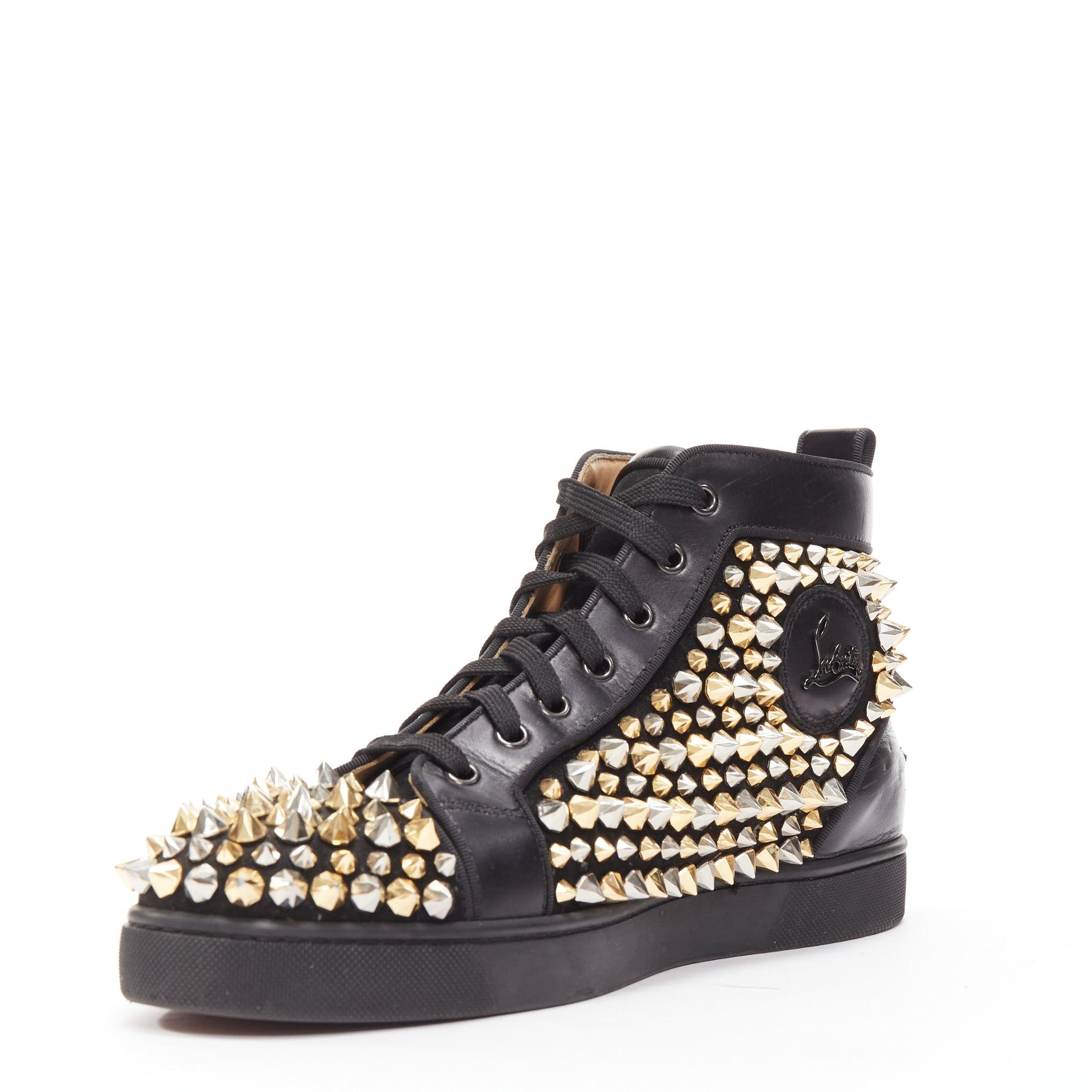 Men's CHRISTIAN LOUBOUTIN Louis black gold silver spike stud high top sneaker EU43 For Sale