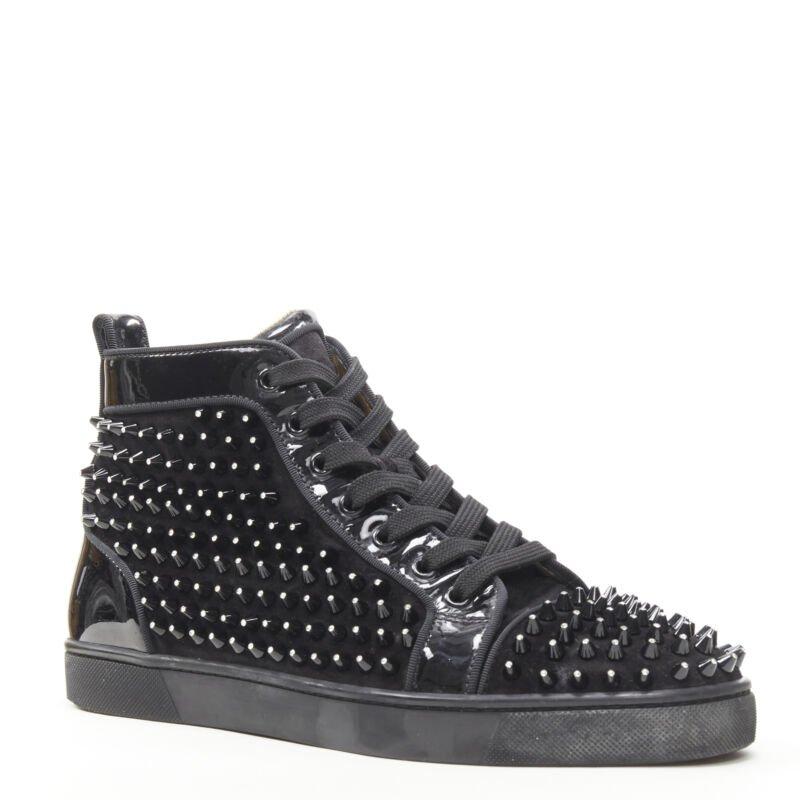 CHRISTIAN LOUBOUTIN Louis black velvet crystal spike stud high top sneaker EU41
Reference: TGAS/B02179
Brand: Christian Louboutin
Model: Louis
Material: Velvet, Patent Leather
Color: Black
Pattern: Solid
Closure: Lace Up
Lining:  Leather
Extra
