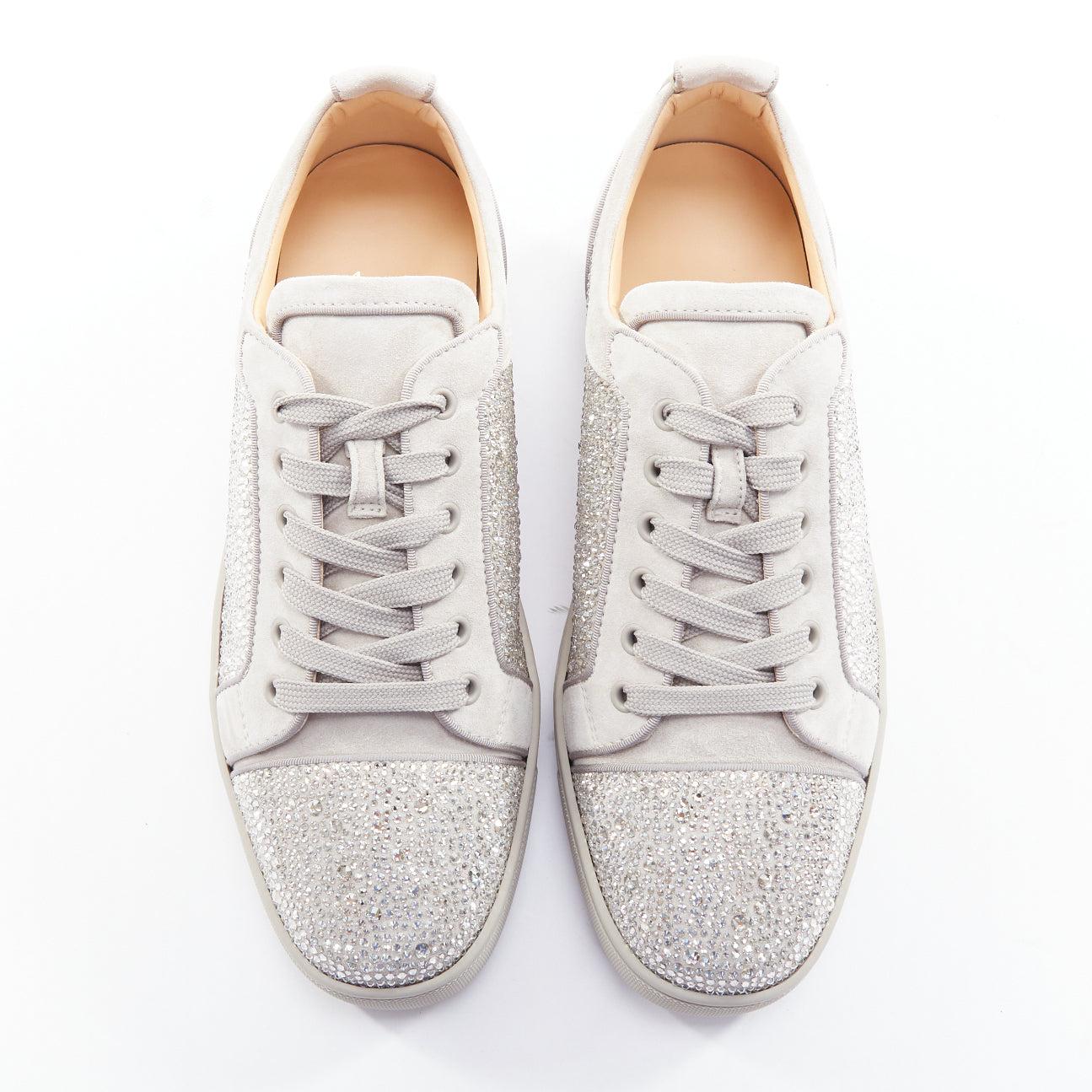 Silver CHRISTIAN LOUBOUTIN Louis Junior Strass Flat silver crystal grey suede sneaker
