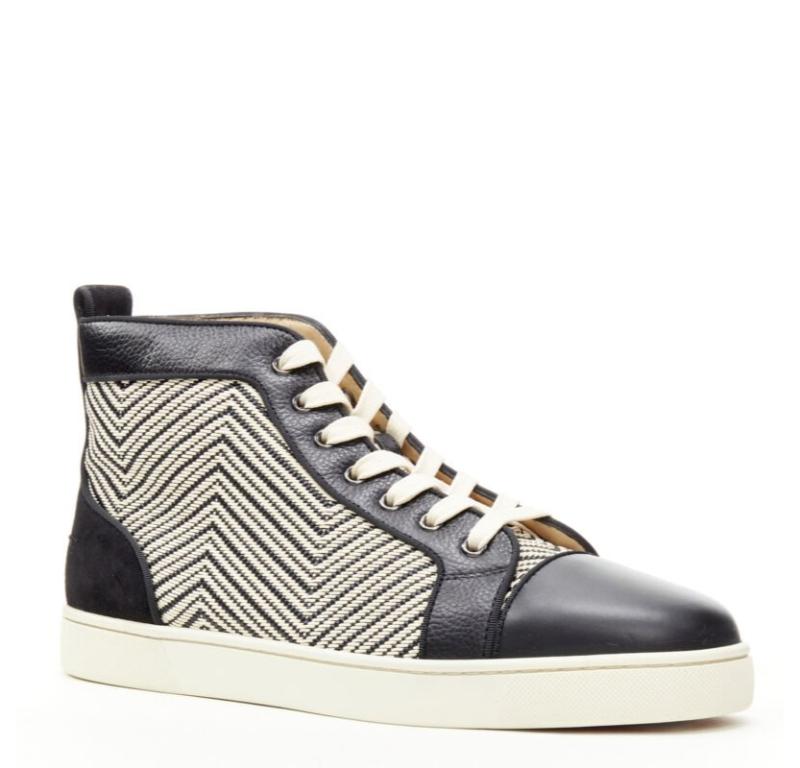 CHRISTIAN LOUBOUTIN Louis Orlato black white chevron high top sneaker EU43
Reference: TGAS/C01129
Brand: Christian Louboutin
Model: Louis Orlato
Material: Leather
Color: Black, White
Pattern: Abstract
Closure: Lace Up
Lining:  Leather
Extra Details: