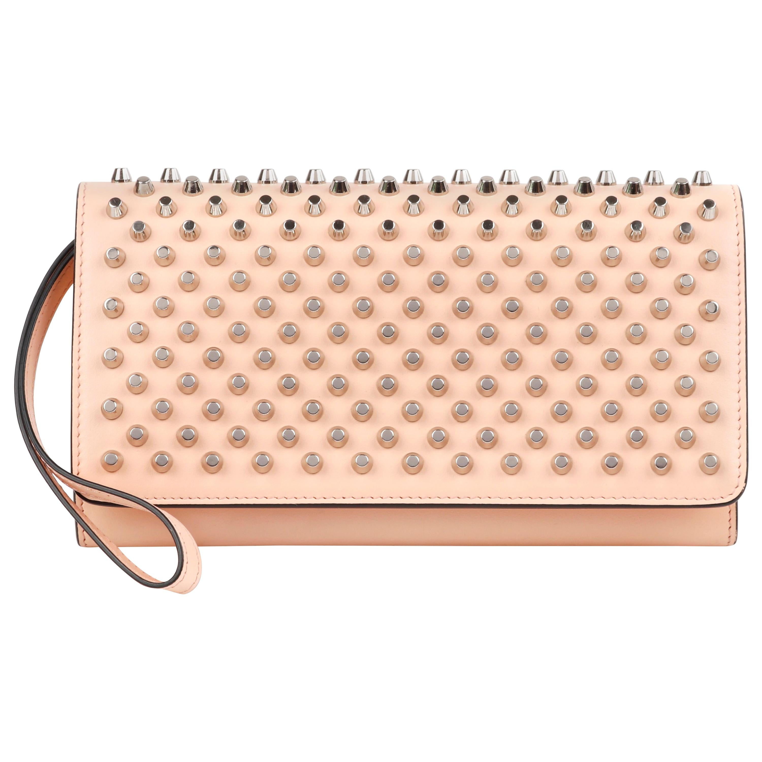 CHRISTIAN LOUBOUTIN "Macaron" Peach Pink Flat Studded Flat Front Wristlet Wallet