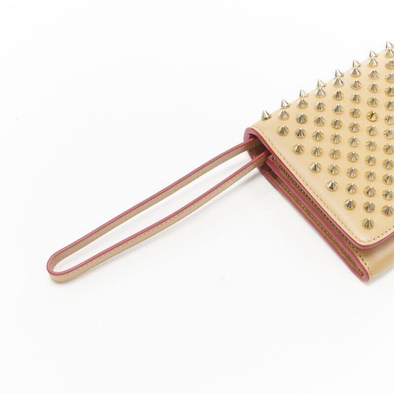 Beige CHRISTIAN LOUBOUTIN Macaron tan brown gold spike stud wristlet long wallet For Sale