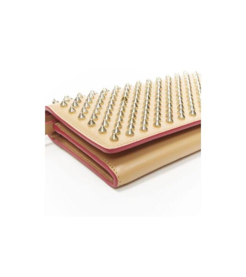 CHRISTIAN LOUBOUTIN Macaron tan brown gold spike stud wristlet long wallet In Good Condition In Hong Kong, NT