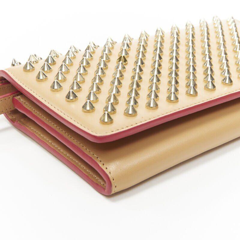 CHRISTIAN LOUBOUTIN Macaron tan brown gold spike stud wristlet long wallet In Good Condition For Sale In Hong Kong, NT