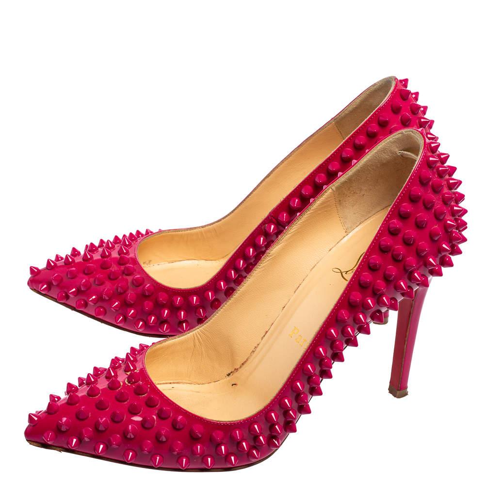 Christian Louboutin Magenta Pink Patent Leather Pigalle Spikes Pumps Size 37.5 For Sale 1