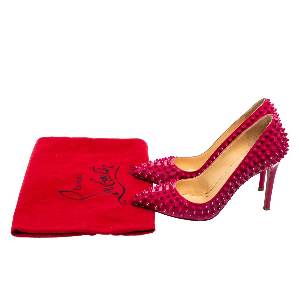 Women's Christian Louboutin Magenta Pink Patent Leather Pigalle Spikes Pumps Size 37.5 For Sale
