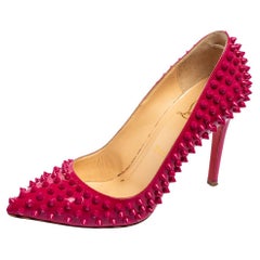 Used Christian Louboutin Magenta Pink Patent Leather Pigalle Spikes Pumps Size 37.5