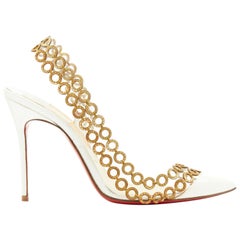 CHRISTIAN LOUBOUTIN Malaika 100 white patent PVC gold ring sling dorsay EU37.5