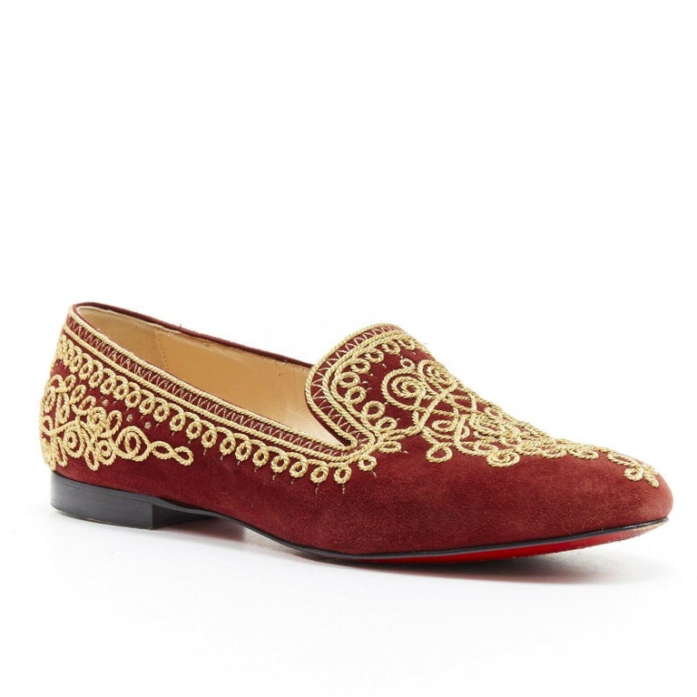 CHRISTIAN LOUBOUTIN Mamounia burgundy suede gold rope embroidery flats ...