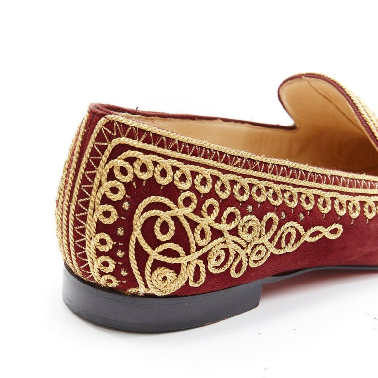 CHRISTIAN LOUBOUTIN Mamounia burgundy suede gold rope embroidery flats ...