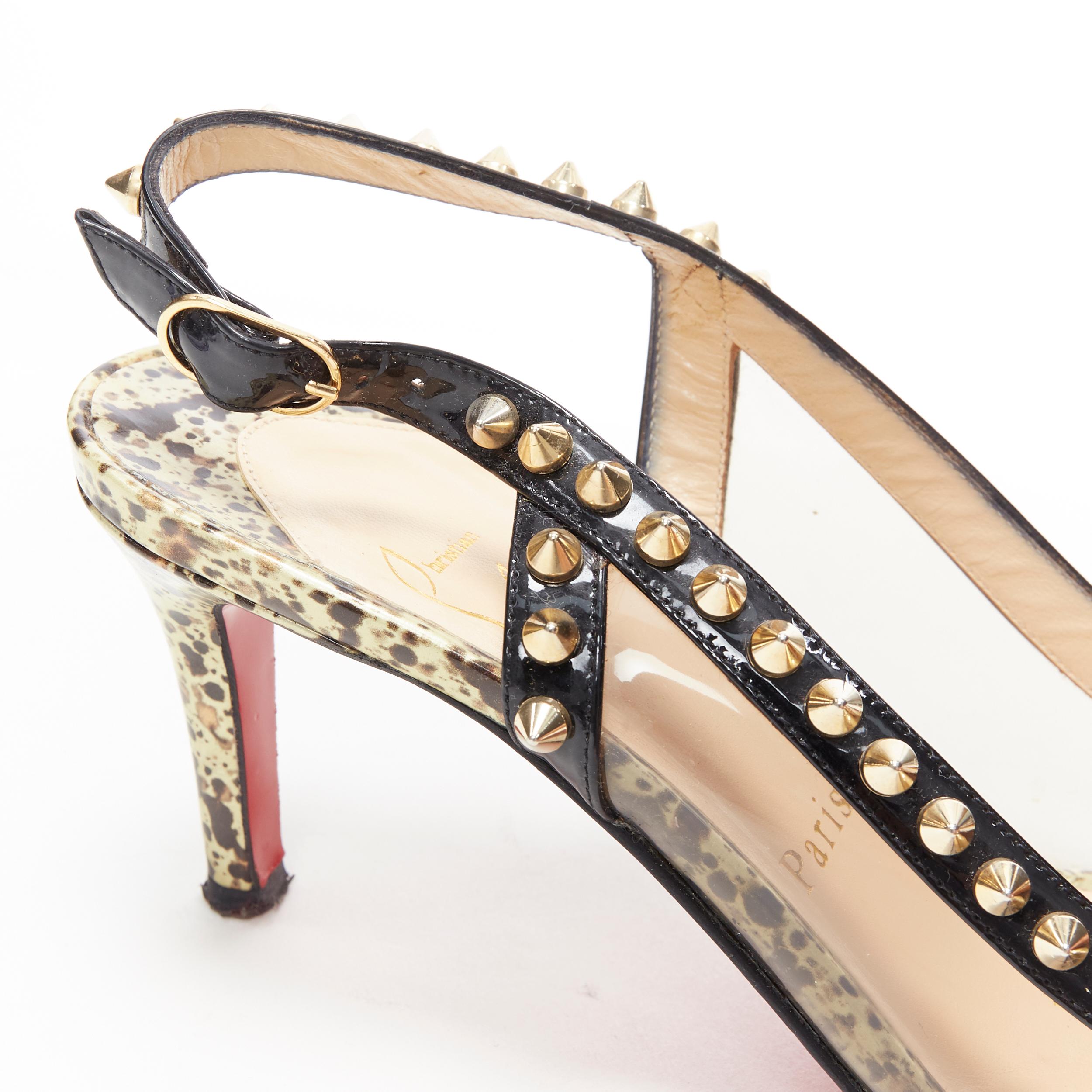 CHRISTIAN LOUBOUTIN Manovra 70 black PVC gold spike stud sling kitten pump EU39 2