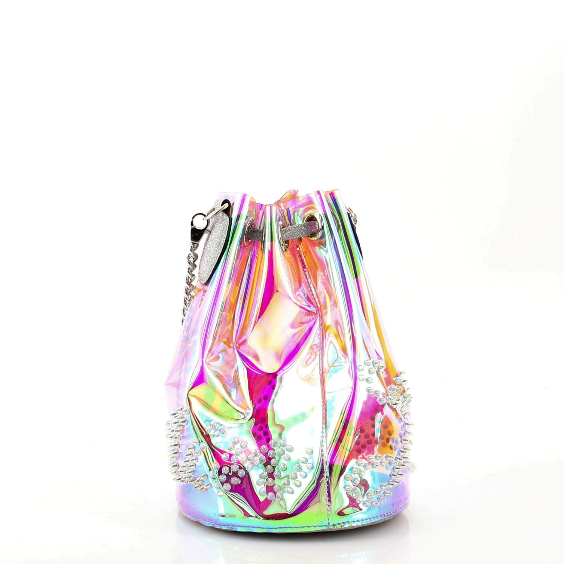 Gray Christian Louboutin Marie Jane Bucket Bag Spiked Holographic PVC
