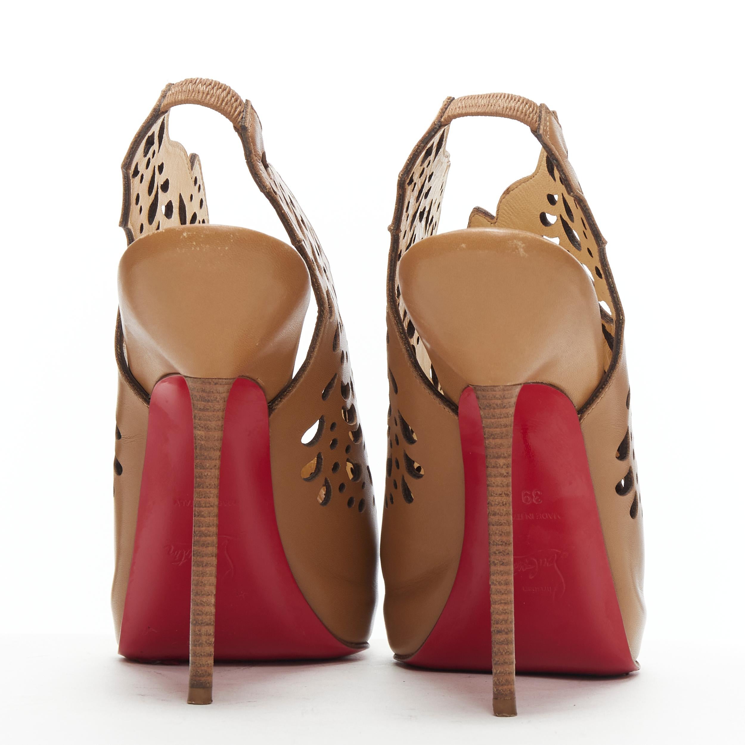CHRISTIAN LOUBOUTIN Markesling 130 tan brown laser cut peep toe bootie EU39 In Good Condition For Sale In Hong Kong, NT
