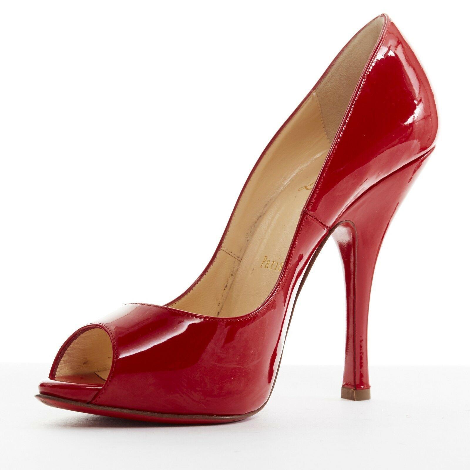 CHRISTIAN LOUBOUTIN Maryl 120 red patent curved heel peeptoe heels EU37.5 US7.5 In Good Condition In Hong Kong, NT