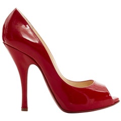 CHRISTIAN LOUBOUTIN Maryl 120 red patent curved heel peeptoe heels EU37.5 US7.5