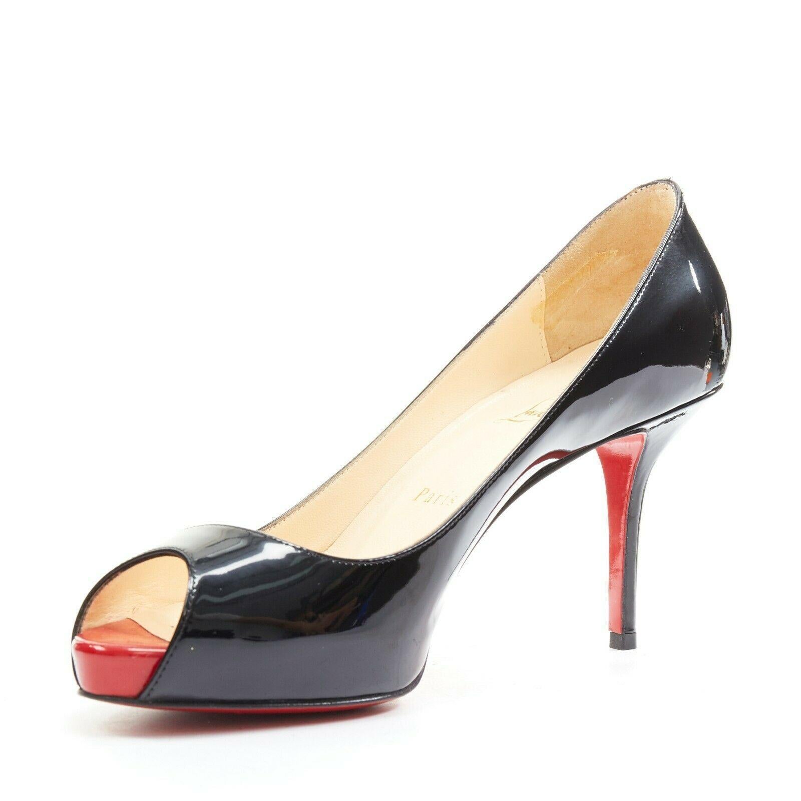 Black CHRISTIAN LOUBOUTIN Mater Claude 85 black patent red platform peep toe pump EU39