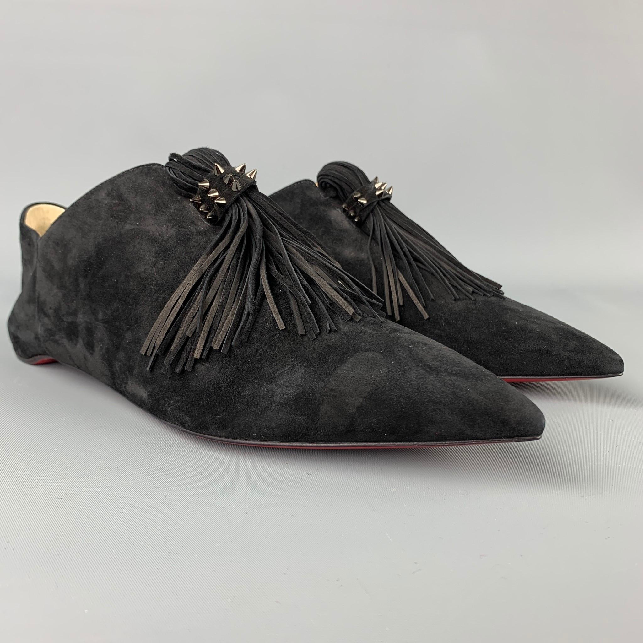 CHRISTIAN LOUBOUTIN Medinana Collapsible Size 8 Black Suede Tassel Flats In New Condition In San Francisco, CA