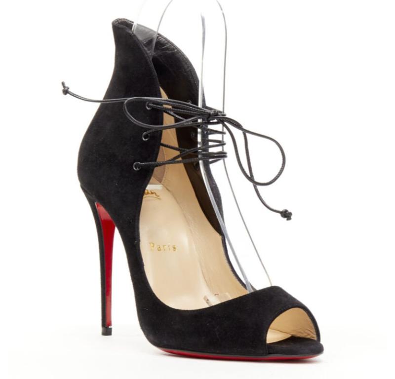 CHRISTIAN LOUBOUTIN Megavamp 120 black suede laced ankle peep heel EU37.5
Reference: TGAS/C01127
Brand: Christian Louboutin
Model: Megavamp 120
Material: Suede
Color: Black
Pattern: Solid
Closure: Lace Up
Lining:  Leather
Extra Details: Laced ankle