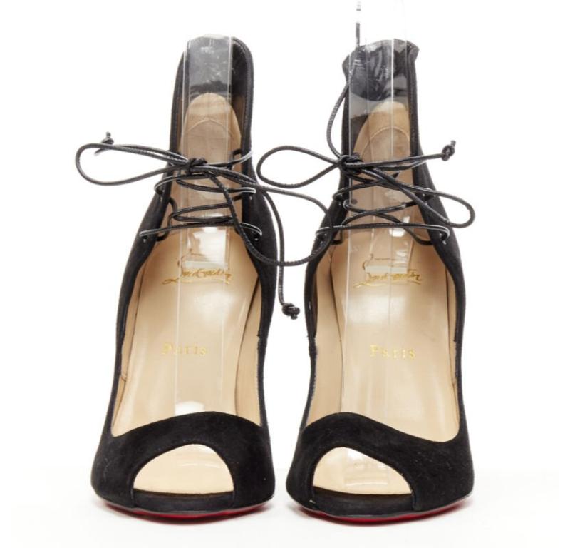 Black CHRISTIAN LOUBOUTIN Megavamp 120 black suede laced ankle peep heel EU37.5 For Sale