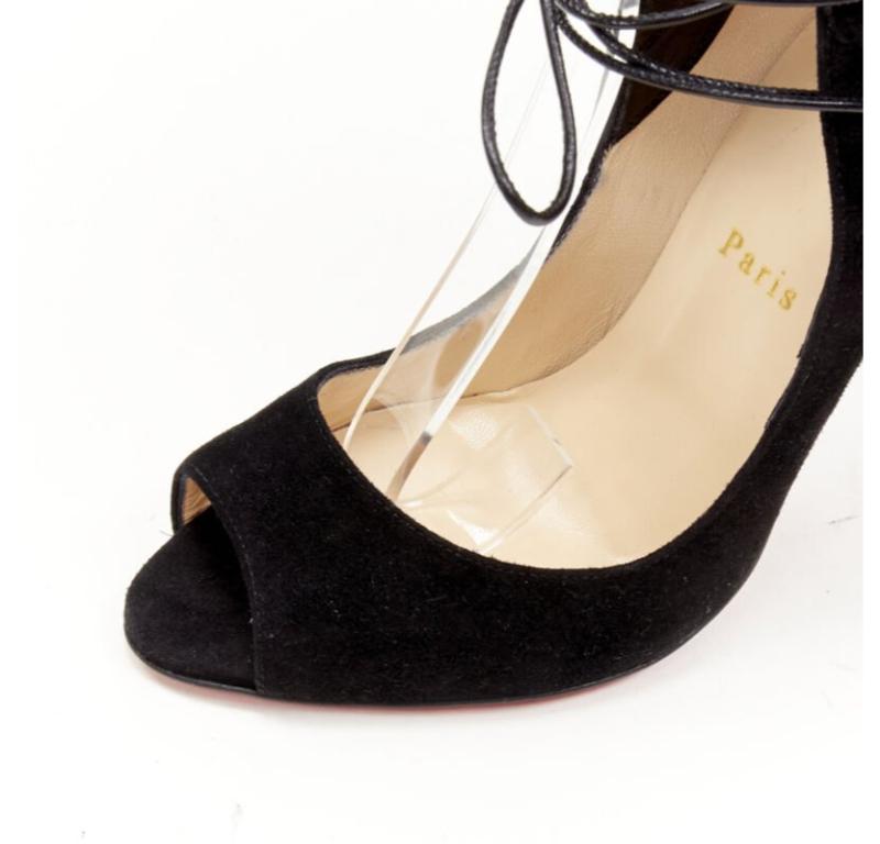 CHRISTIAN LOUBOUTIN Megavamp 120 black suede laced ankle peep heel EU37.5 For Sale 2