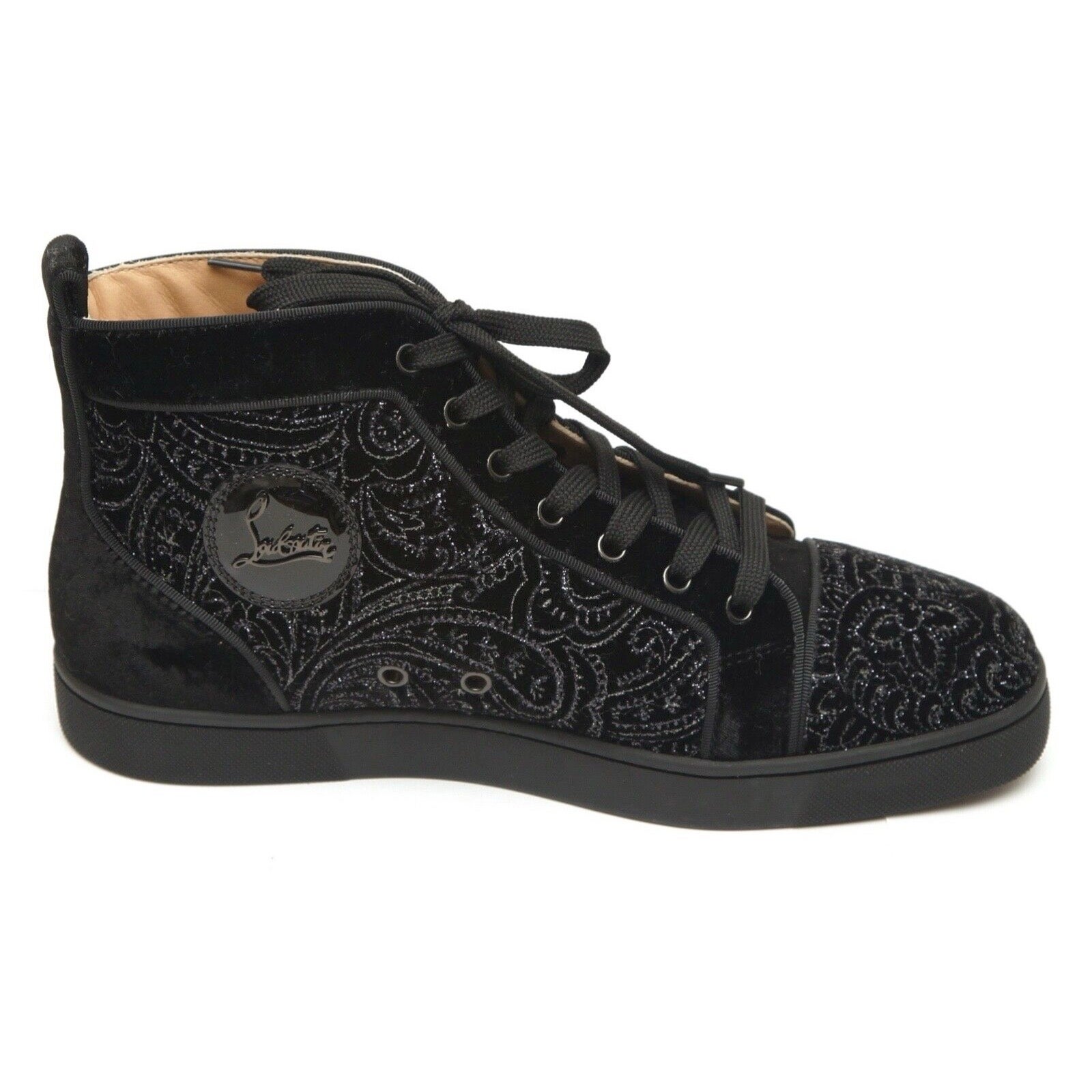 GUARANTEED AUTHENTIC CHRISTIAN LOUBOUTIN MEN'S LOUIS ORLATO SNEAKERS

Authenticated by Authenticatefirst

Design:
- High top sneaker style in black velvet.
- Iridescent paisley print at sides.
- Grosgrain piping trim.
- Lace up closure.
- Leather