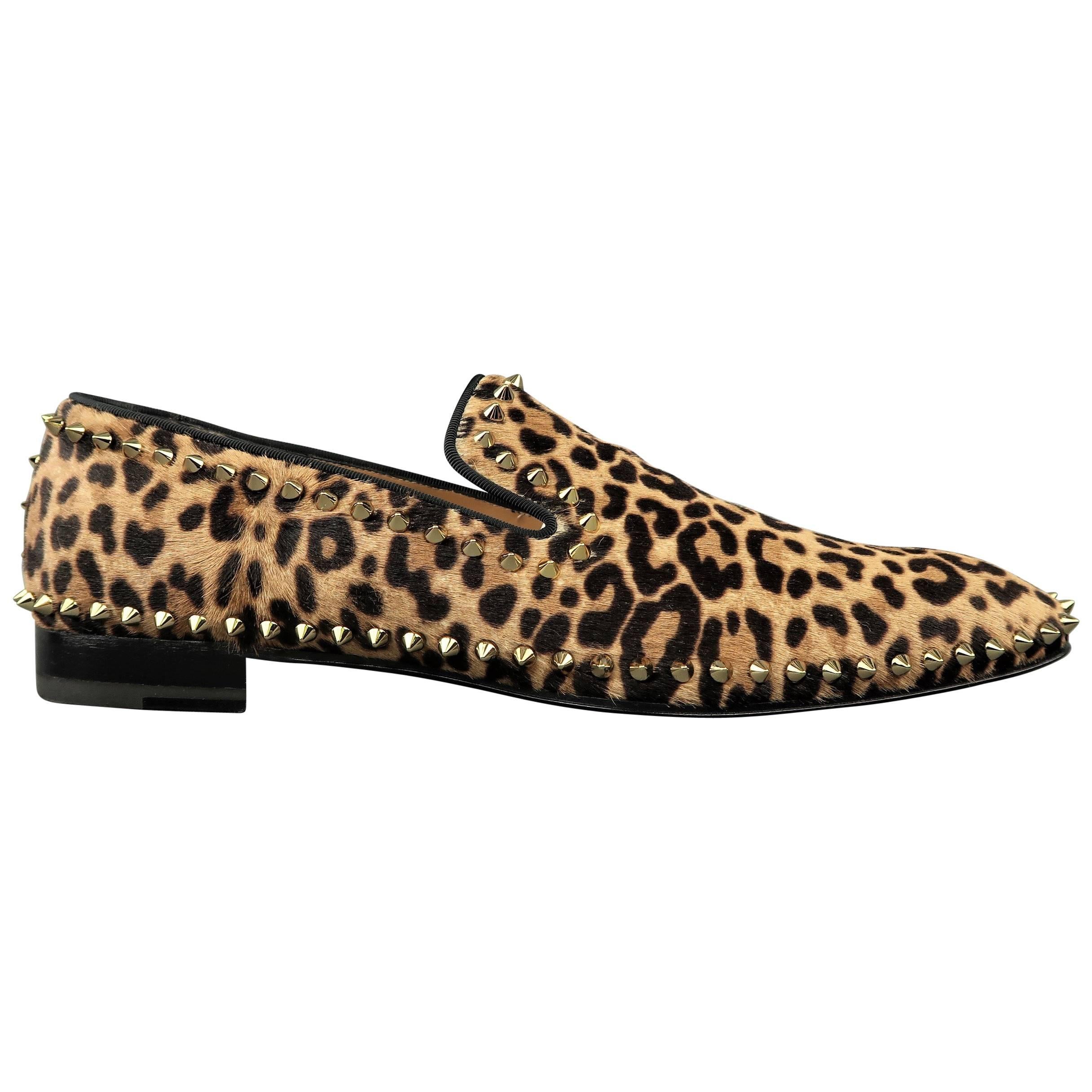 Christian Louboutin Men's Leopard Print Pony Hair Gold Spike Loafers